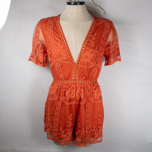 Dress Day Pants - Orange Lace Romper Deep V-Neck See Through Back Shorts Embroidered Floral Small